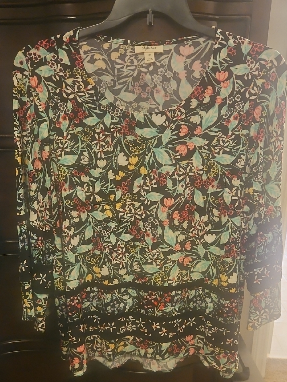 Style & Co. Black Floral Scoop Neck Tunic with Mint and Coral Accents